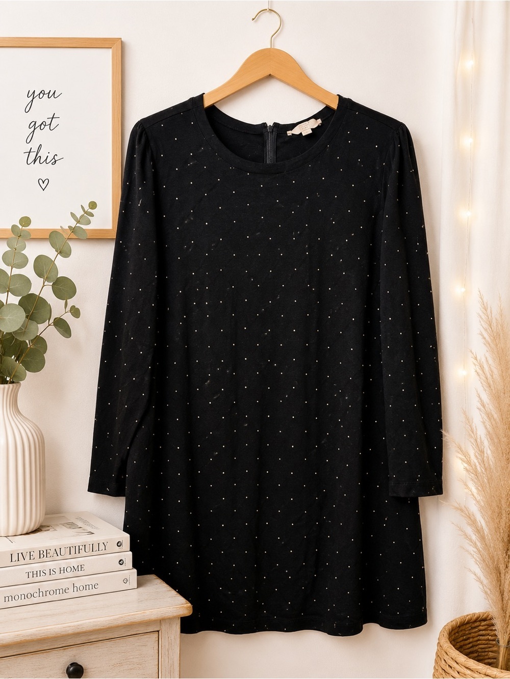 LOFT Black Long Sleeve Tunic Dress with Metallic Dot Detail